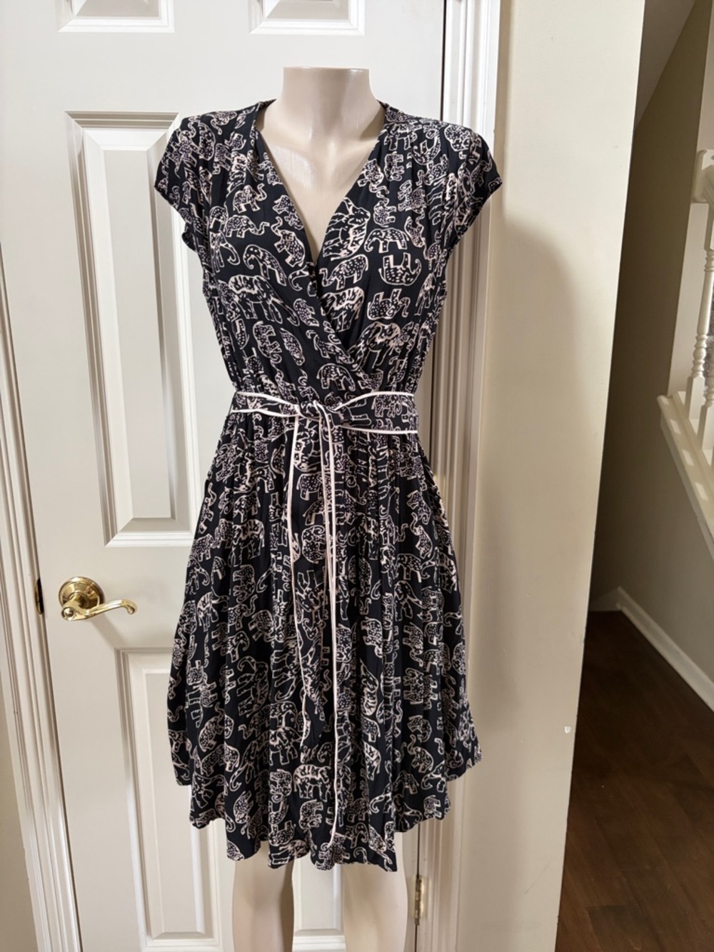 Maeve Black Mini faux Wrap Dress with Elephant Motif, small